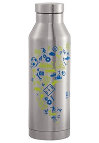 Edelstahl-Wasserflasche mit metallic-finish. Auf einer Seite mit blauen und grünen grafischen Symbolen von Sport und Zahnrädern gestaltet.