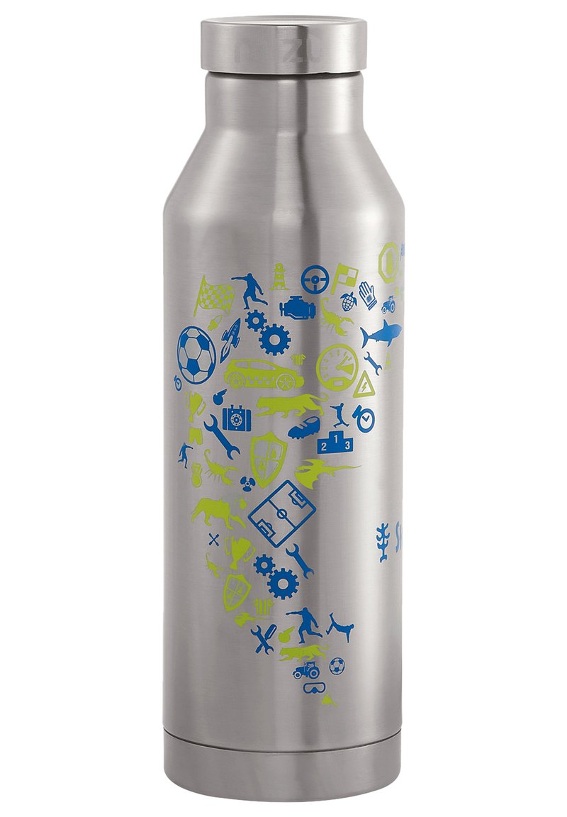 Edelstahl-Wasserflasche mit metallic-finish. Auf einer Seite mit blauen und grünen grafischen Symbolen von Sport und Zahnrädern gestaltet.