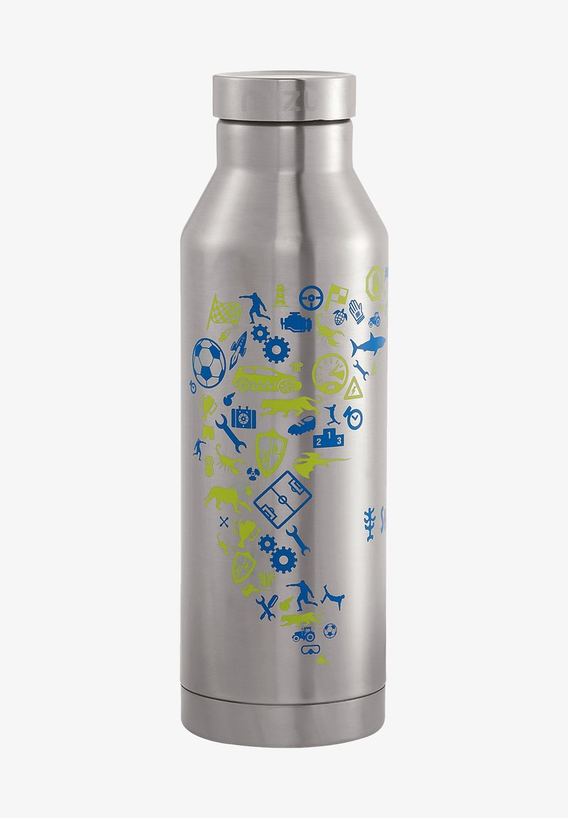 Edelstahl-Wasserflasche mit metallic-finish. Auf einer Seite mit blauen und grünen grafischen Symbolen von Sport und Zahnrädern gestaltet.