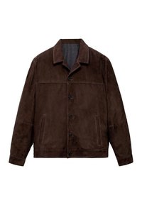 Giacca in suede marrone con colletto definito, chiusura frontale con bottoni e due tasche laterali. Presenta una texture liscia e una vestibilità rilassata.