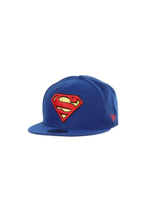 Blue cap made of fabric featuring an embroidered Superman logo in red and yellow. Flat brim and six-panel construction, with logo on the side.