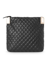 Musta nahkainen clutch-laukku, jossa on tikattu muotoilu. Laukussa on kullanväriset yksityiskohdat yläkulmissa ja vetoketjukiinnitys.