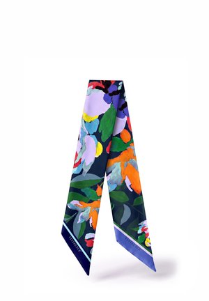 Lange smalle sjaal met levendige abstracte bloemenpatronen in oranje, groen, paars, blauw en rood op een donkere achtergrond, met de merknaam Vivisence.
