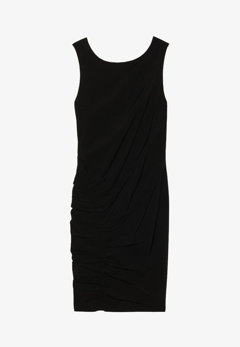 Black sleeveless dress with a rounded neckline, featuring gathered detailing on one side and a fitted silhouette. Made from a smooth, stretchy fabric.