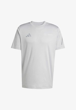 Light gray short-sleeve t-shirt made of smooth fabric. Features Adidas stripes and Mercedes logo in subtle silver accents. Round neck design.