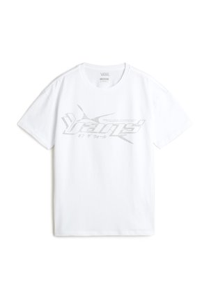 White cotton t-shirt featuring a silver graphic logo on the front. Short sleeves and a standard crew neck design. Soft texture.
