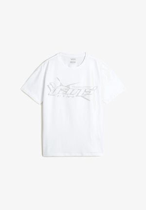 White cotton t-shirt featuring a silver graphic logo on the front. Short sleeves and a standard crew neck design. Soft texture.