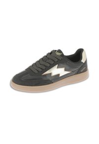 Black low-top sneaker with beige zigzag side detail, patterned laces, beige heel tab, and light brown rubber sole.