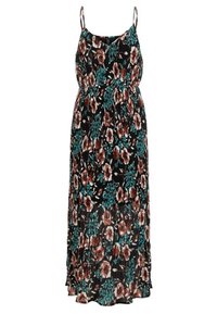 Maxi-mekko, jossa on ohuita olkaimia, musta tausta ja ruskeaa sekä teal-väriä sisältävä kukkakuosi. Joustava vyötärö, virtaava kangas ja poimutettu muotoilu.