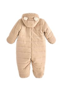 Tuta da neve imbottita beige con cappuccio, caratterizzata da due dettagli pom-pom, texture trapuntata e maniche lunghe. Adatta per essere indossata in climi freddi.
