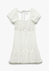 Vestido de algodón blanco con mangas cortas de farol, escote cuadrado, cierre en la parte posterior con lazo, patrón de encaje de ojales y dobladillo con volantes.