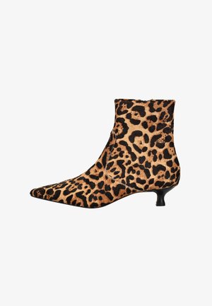 Stivaletto da donna alla caviglia con punta appuntita, stampa leopardata e tacco kitten basso nero.
