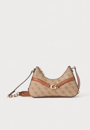 Brown patterned handbag with beige fabric and brown leather accents. Features a gold logo and adjustable strap. Curved silhouette.