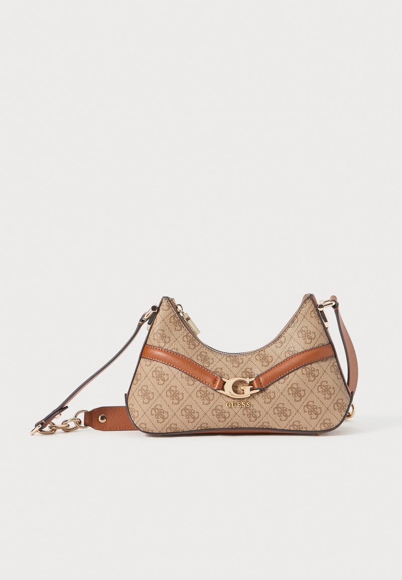 Brown patterned handbag with beige fabric and brown leather accents. Features a gold logo and adjustable strap. Curved silhouette.