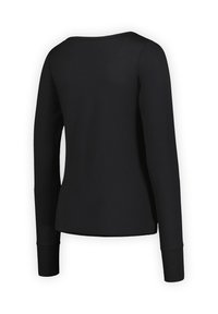 Czarna koszulka z długim rękawem, gładki materiał, okrągły dekolt, dopasowany krój, rękawy z mankietami, jednolity wzór bez widocznych motywów ani akcentów.
