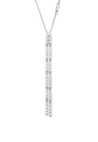 Srebrny naszyjnik z dwoma pasmami przezroczystych kryształów, ułożonych w liniowy wzór, z delikatnym łańcuszkiem. Zauważalny blask i shine.