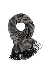 Écharpe à imprimé léopard gris et noir avec franges noires et une petite étiquette de marque en tissu dissimulée dans une boucle.