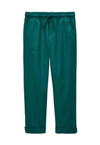 Pantalons de jogging teal avec taille élastique à cordon de serrage, deux poches latérales et ourlets retroussés. Fabriqués dans un tissu doux et léger avec une texture lisse.