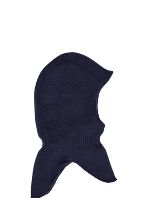 Dunkelblaue gestrickte Balaklava mit weitem Halsausschnitt und verlängerten Abschnitten, die den Hals und einen Teil der Schultern bedecken.