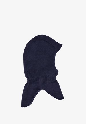 Mørkeblå strikket balaclava med bred halsåbning og forlængede sektioner, der dækker nakken og en del af skuldrene.