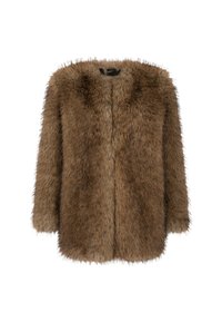 Brązowy sztuczny futerko w ciepłym, teksturowanym wykończeniu, o oversize'owej sylwetce i otwartym przodzie. Posiada długie rękawy i brak widocznych zapięć.