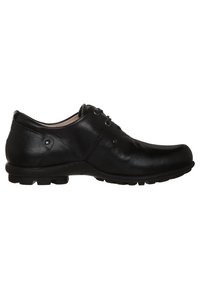 Black leather lace-up shoe with a smooth texture, rounded toe, and rubber sole. Features subtle stitching and round eyelets for laces.