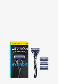 Wilkinson Sword Hydro 5 -arvostuspakkaus, jossa on yksi parranajokahva ja neljä siniharmaata vaihtoterää, joissa on viisi terää.