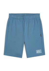 Shorts en mélange de coton bleu avec une taille élastique, des poches latérales et un logo blanc sur la jambe gauche. Texture lisse et design décontracté.