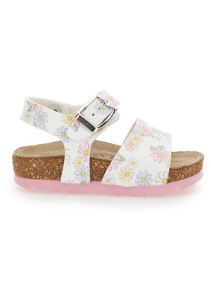 Sandal à motif floral avec des brides synthétiques blanches, une boucle en argent, une semelle en liège et une semelle en caoutchouc rose ; dispose d'une bride de cheville réglable.