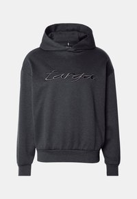 Felpa con cappuccio grigio scuro realizzata in tessuto morbido, caratterizzata da un grande logo ricamato in una tonalità contrastante, con una vestibilità rilassata e polsini a coste.