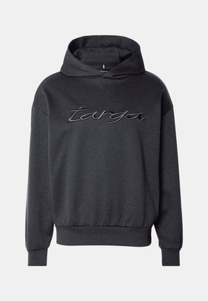 Sudadera con capucha gris oscuro hecha de un tejido suave, que presenta un gran logotipo bordado en un tono contrastante, con un corte holgado y puños acanalados.
