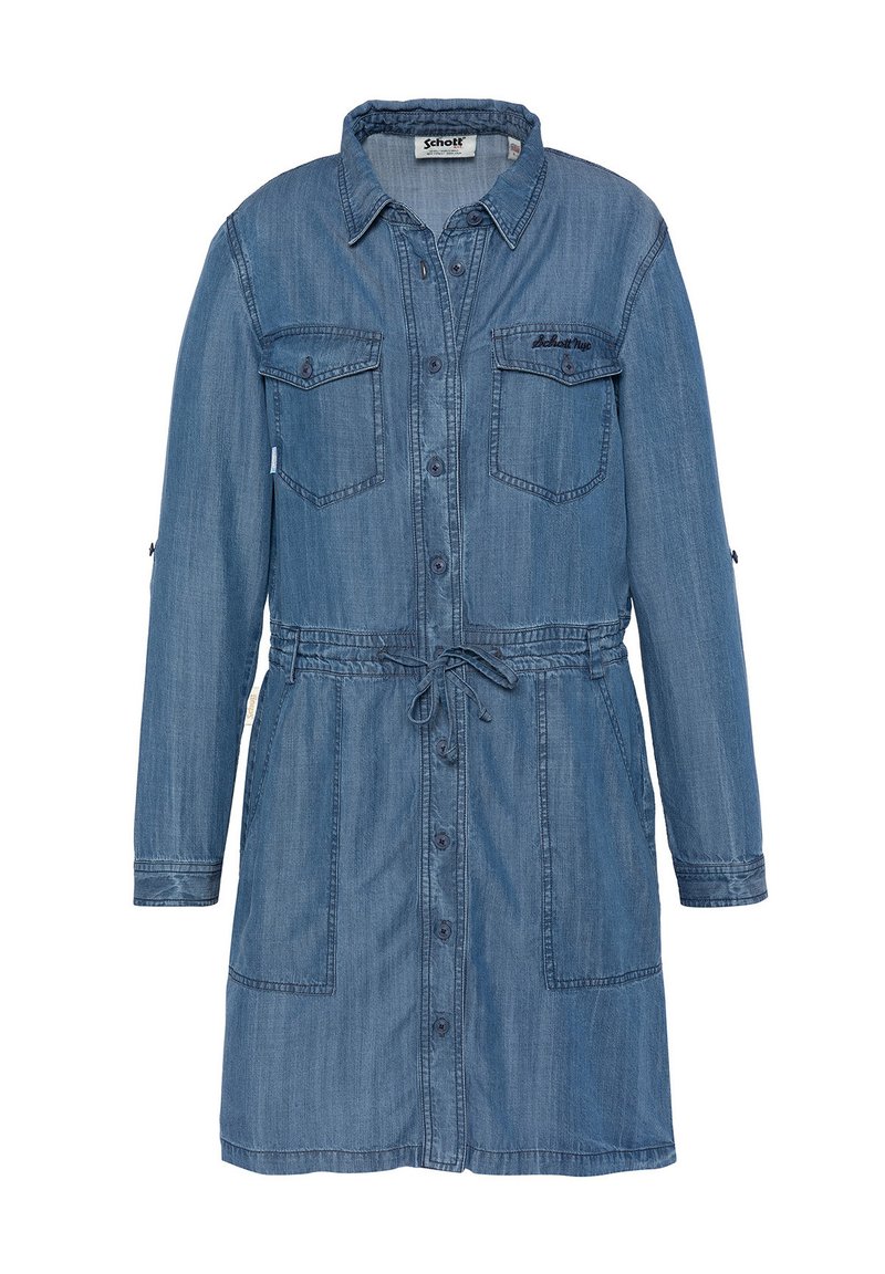 Denimkleid mit langen Ärmeln, Knopfverschluss vorne, zwei Brusttaschen, geraffter Taillenteil mit Kordelzug und einer hellblauen Farbe.