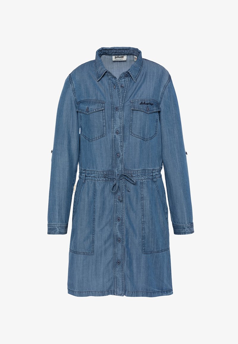 Robe en denim à manches longues, devant à boutons, deux poches poitrine, taille cintrée avec cordon de serrage, et d'une couleur bleu clair.