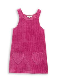 Rosa Cord-Rippkleid mit breiten Trägern und zwei herzförmigen Taschen. Der strukturierte Stoff weist eine vertikale Rippung auf. Rundhalsausschnitt.