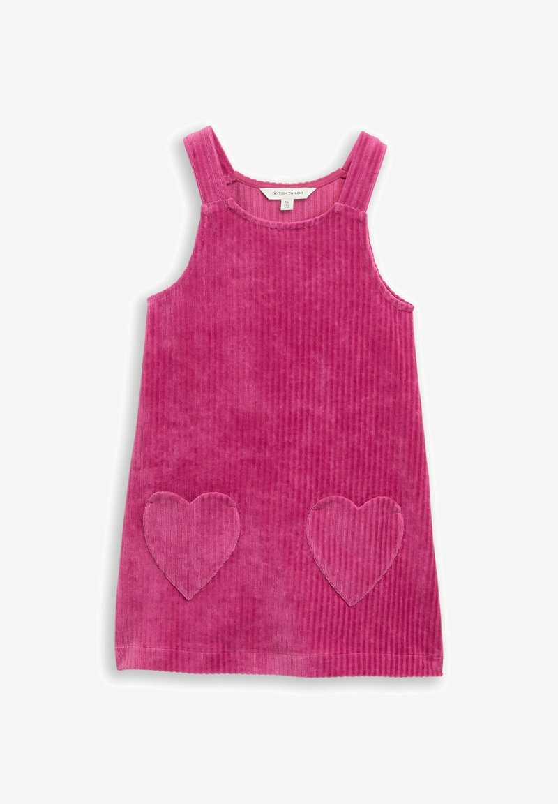 Rosa Cord-Rippkleid mit breiten Trägern und zwei herzförmigen Taschen. Der strukturierte Stoff weist eine vertikale Rippung auf. Rundhalsausschnitt.