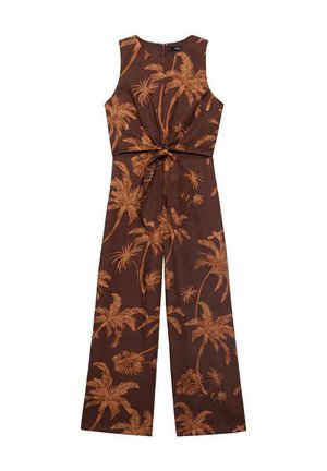 Salopette marrone con stampa di foglie di palma arancioni. Design senza maniche, dettaglio in vita con lacci, gambe ampie. Tessuto morbido.