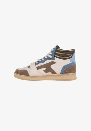 High-top sneakers with white leather, brown suede, and blue accents. Features textured paneling and a tan rubber sole. Lace-up design.