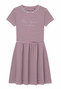 Sukienka z prążkowanego materiału, z dopasowanym topem i rozkloszowanym dołem, w poziome paski w kolorach czerwonym, białym i granatowym oraz okrągłym dekoltem.