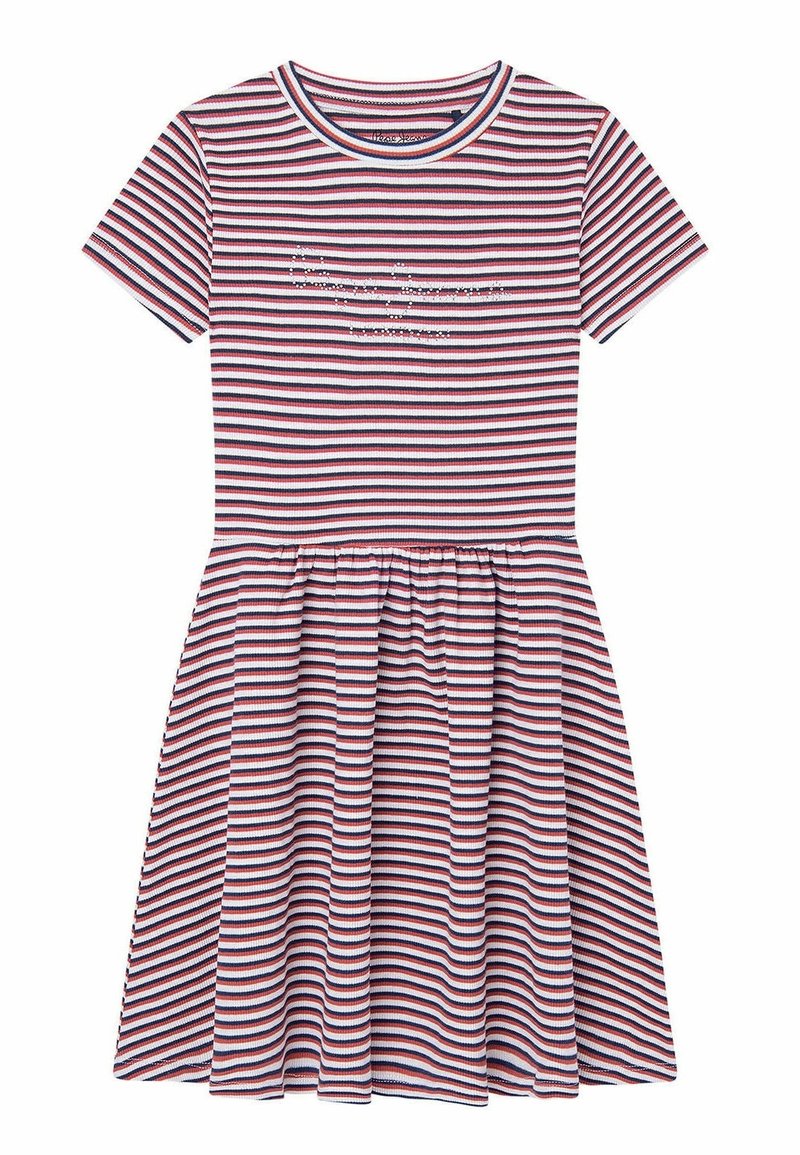 Sukienka z prążkowanego materiału, z dopasowanym topem i rozkloszowanym dołem, w poziome paski w kolorach czerwonym, białym i granatowym oraz okrągłym dekoltem.