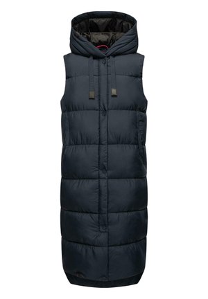 Longue doudoune sans manches noire avec capuche, boutons devant, cordons de serrage et poches latérales, conçue pour la chaleur et une utilisation en extérieur.