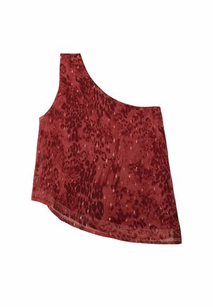 Top de un solo hombro en rojo con un estampado de leopardo. Tejido ligero con una textura suave y un dobladillo ligeramente curvado.