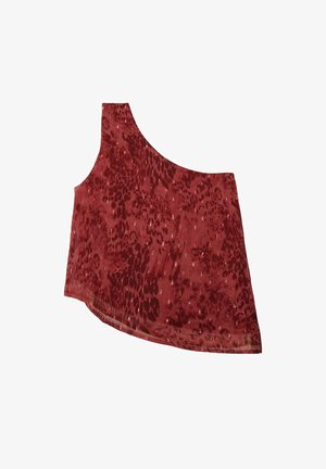 Top de un solo hombro en rojo con un estampado de leopardo. Tejido ligero con una textura suave y un dobladillo ligeramente curvado.