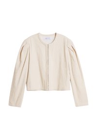Lys beige cropped jakke laget av ribbet tekstur, med lange ermer, rund hals og en frontmetallglidelås.