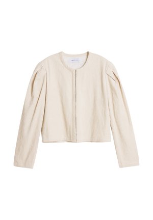 Lys beige cropped jakke laget av ribbet tekstur, med lange ermer, rund hals og en frontmetallglidelås.