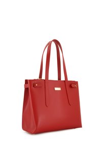 Rote Leder-Tote-Tasche mit doppelten Schulterriemen, glatter Textur, goldfarbener Hardware und einem Markenlogo. Mit Reißverschlussverschluss an der Oberseite.