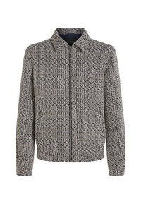 Lavet jakke med et struktureret vævet stof i marineblå og beige. Har krave og lange ærmer, med en svag glans og en struktureret pasform.