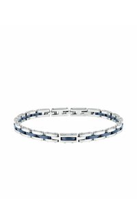 Bracciale in tono argento caratterizzato da anelli intrecciati con accenti blu, una finitura liscia e elementi decorativi circolari sparsi.