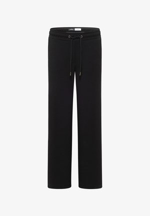 Černé tepláky s kloboukem v pase, vyrobené z měkkého materiálu; mají uvolněný střih a rovné nohavice, bez vzorů nebo dalších akcentů.