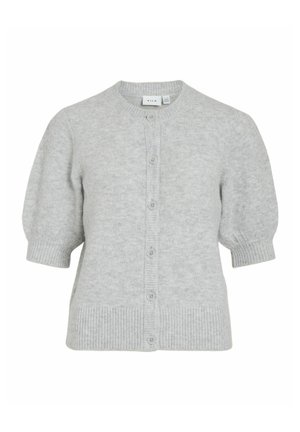 Cardigan gris clair avec des manches courtes et bouffantes, un ourlet et des poignets côtelés, un col rond et une rangée de boutons sur le devant. Texture en tricot douce.