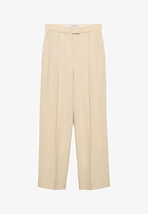 Pantaloni bej, cu talie înaltă și design cu picioare largi. Au pliuri frontale, buzunare laterale și o textură a materialului netedă.